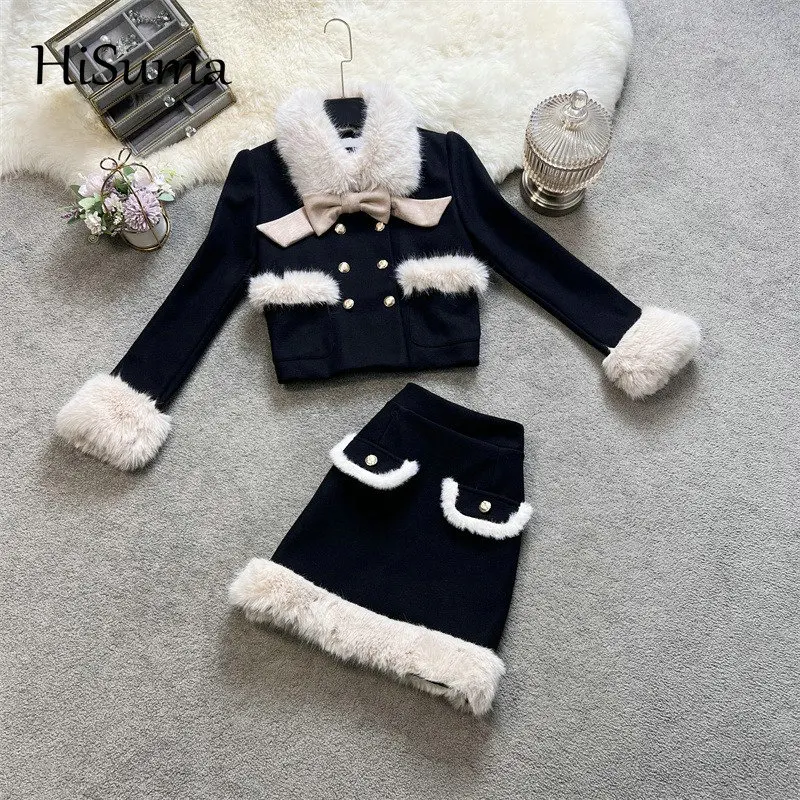 

2023 winter new women fur bow double breasted cotton-padded woolen jacket + high waist A-line skirt suit female two piece sets