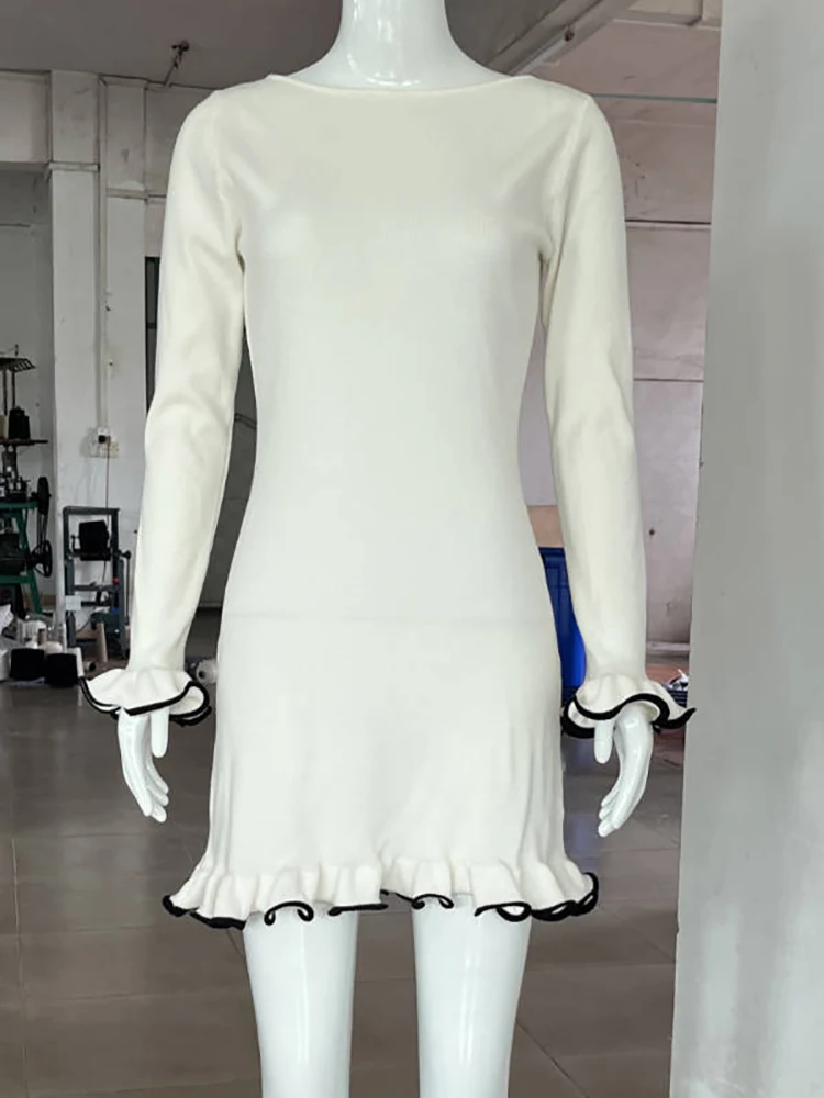 JULISSA MO Knitted Sexy Round Neck Ruffles Dress Women Black Long Sleeve Evening Dress Female Autumn Slim Elegant Party Clubwear