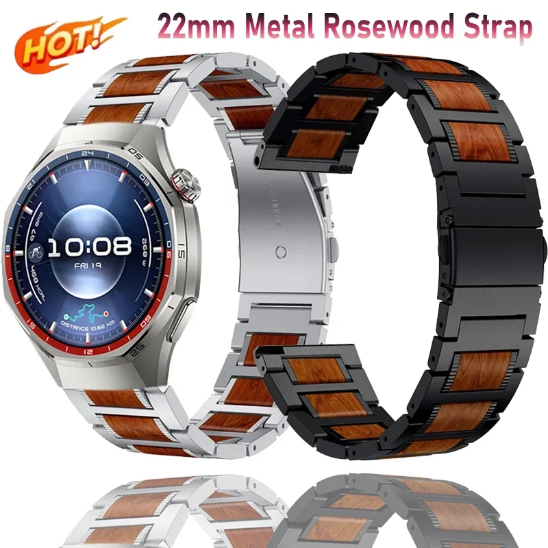 Elegant 22mm Metal and Rosewood Stainless Steel Watch Bracelet Strap