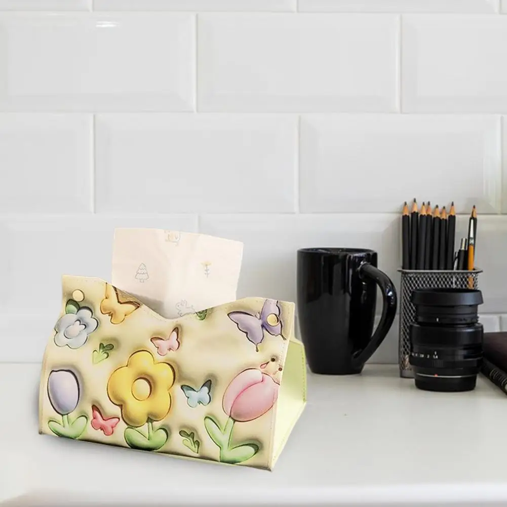 

Printed Tissue Box 3D Cartoon Flower Pattern Button Closure Faux Leather Portable Living Room Office Car Tissue Box