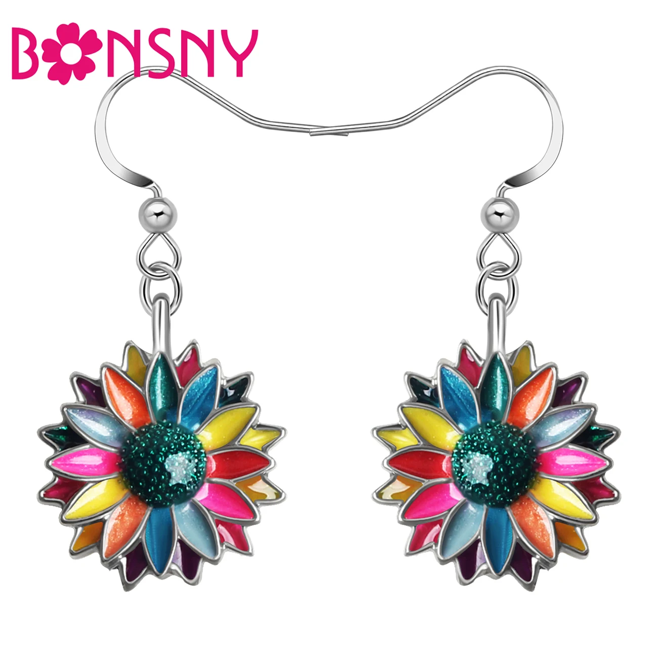 

BONSNY Enamel Alloy Metal Colorful Sunflowers Helianthus Earrings Flower Dangle Drop Charms Fashion Jewelry For Women Girls Gift