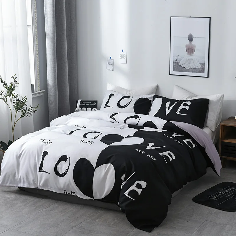 Brushed Printed Lovers Duvet Cover Set Queen Size Couple Bedding Set Double Bed Quilt Cover and Pillowcase Bedding Sets No Sheet