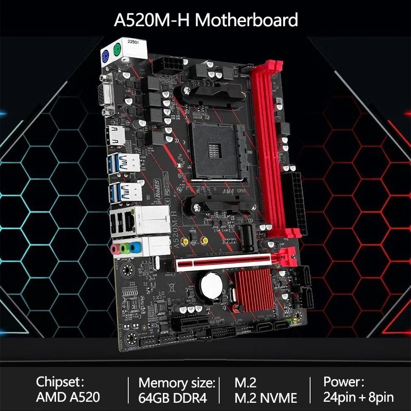 

NEW 2023 A520M-H AM4 Motherboard supports AMD Ryzen R5 4000/5000 series CPU Processors DDR4 Dual channel Memory RAM M-ATX
