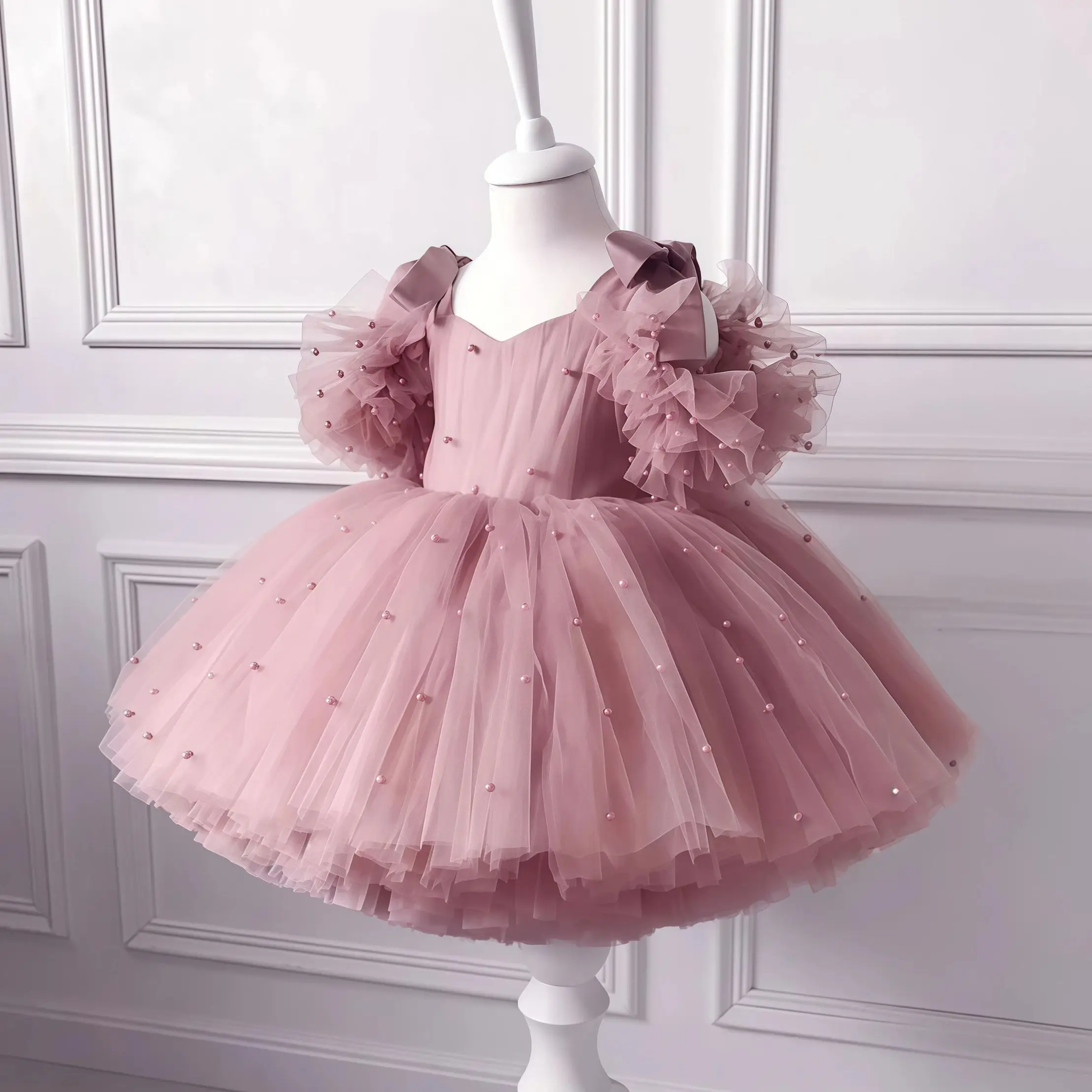 Flower Girls Elegant Cute Bow Pearls Tulle Princess Dress For Toddler Kids  Formal Birthday Party Wedding Prom Pageant Puffy Gown - AliExpress 1501