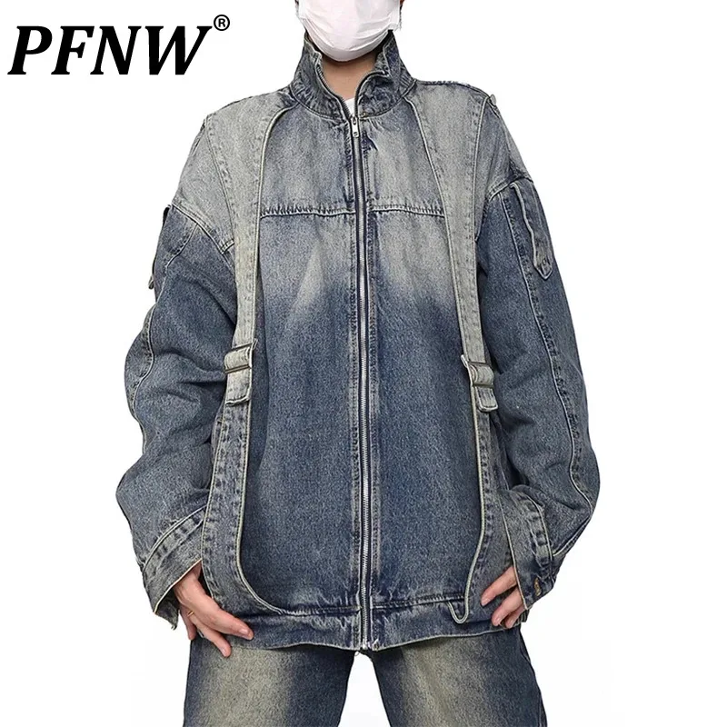 

PFNW Men's Heavy Industry Zippers Denim Jackets Fashion Wearproof Washed Handsome Outdoor Loose Chic Lapel Coat Spring 21Z4053
