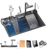 Kitchen 304 Stainless Steel Waterfall Sink, Large Single Slot, Digital Display Embossed Washing Basin Household Dishwashing Sink 1