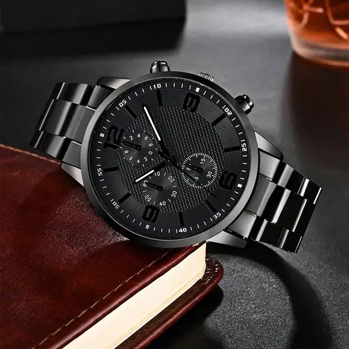 4PCS Business Men's Gift Box Watch Set Fashion Trend Quartz Watch Bracelet Necklace Ring Set Perfect Gift Set for Friends or Dad - Image 3