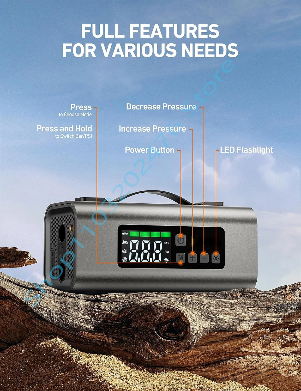 OEMG car starting power supply 12V, tire inflation pump, blower deflation and suction, 150PSI USB charging LED lighting 6IN1 10L car starting power supply