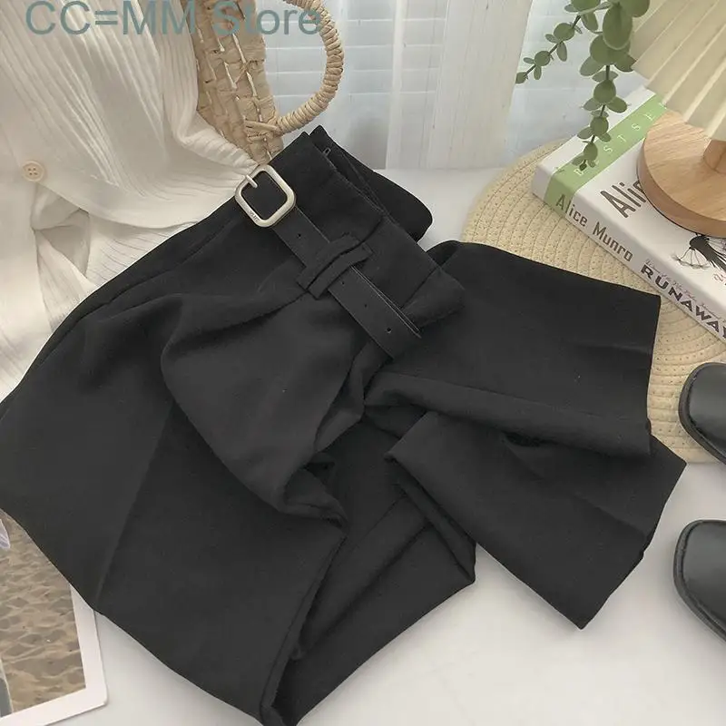 New Women Pants Suit Office Spring Summer Korean Fashion Wide Leg Ankle-Length Pants Belt High Waist Pants Streetwear
