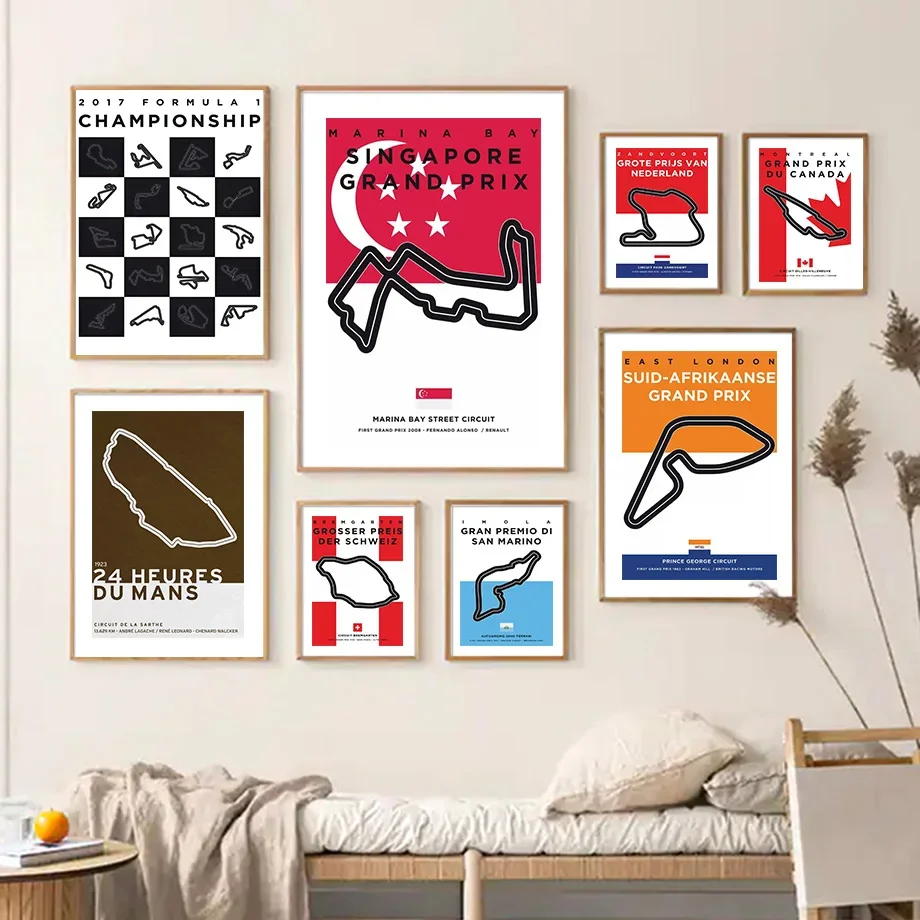 Retro Map Formula 1 Circuit Track Car Grand Prix Wall Art Canvas Painting Poster E Stampe Immagini A Parete Per La Decorazione Del Soggiorno