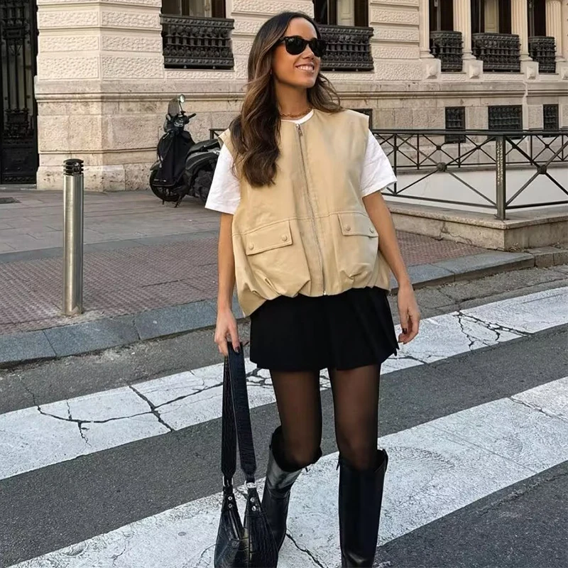 TRAF Women's Cropped Waistcoat Fashion O Neck  Zipper Vest Women Sleeveless Loose Vests Coats Female Chic Tops 3