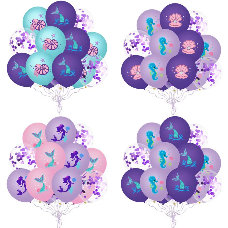 

15pcs Mermaid Cartoon Fishtail Shell Latex Purple Sequin Balloons Set Birthday Party Decoration Balloons Wholesale