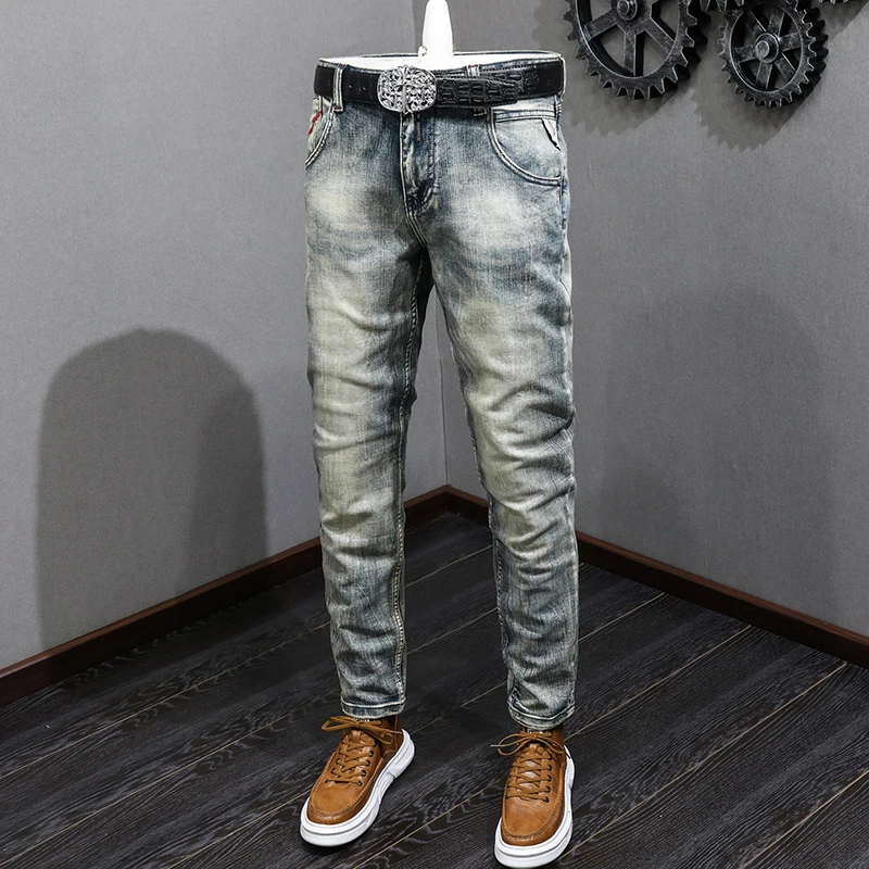 Italian Style Fashion Men Jeans Elastic Retro Ripped Jeans Men Stretch Slim Trousers Vintage Designer Casual Denim Pants Hombre