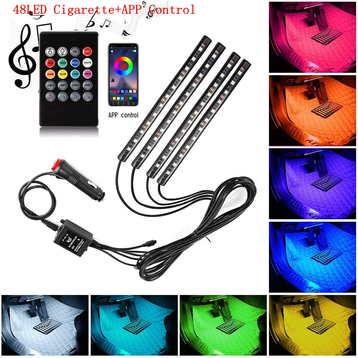 Tiras de luz ambiental para interior de automóvil con 48/72 luces LED RGB para pies, control remoto por voz con aplicación USB, lámpara decorativa de ambiente automático de neón