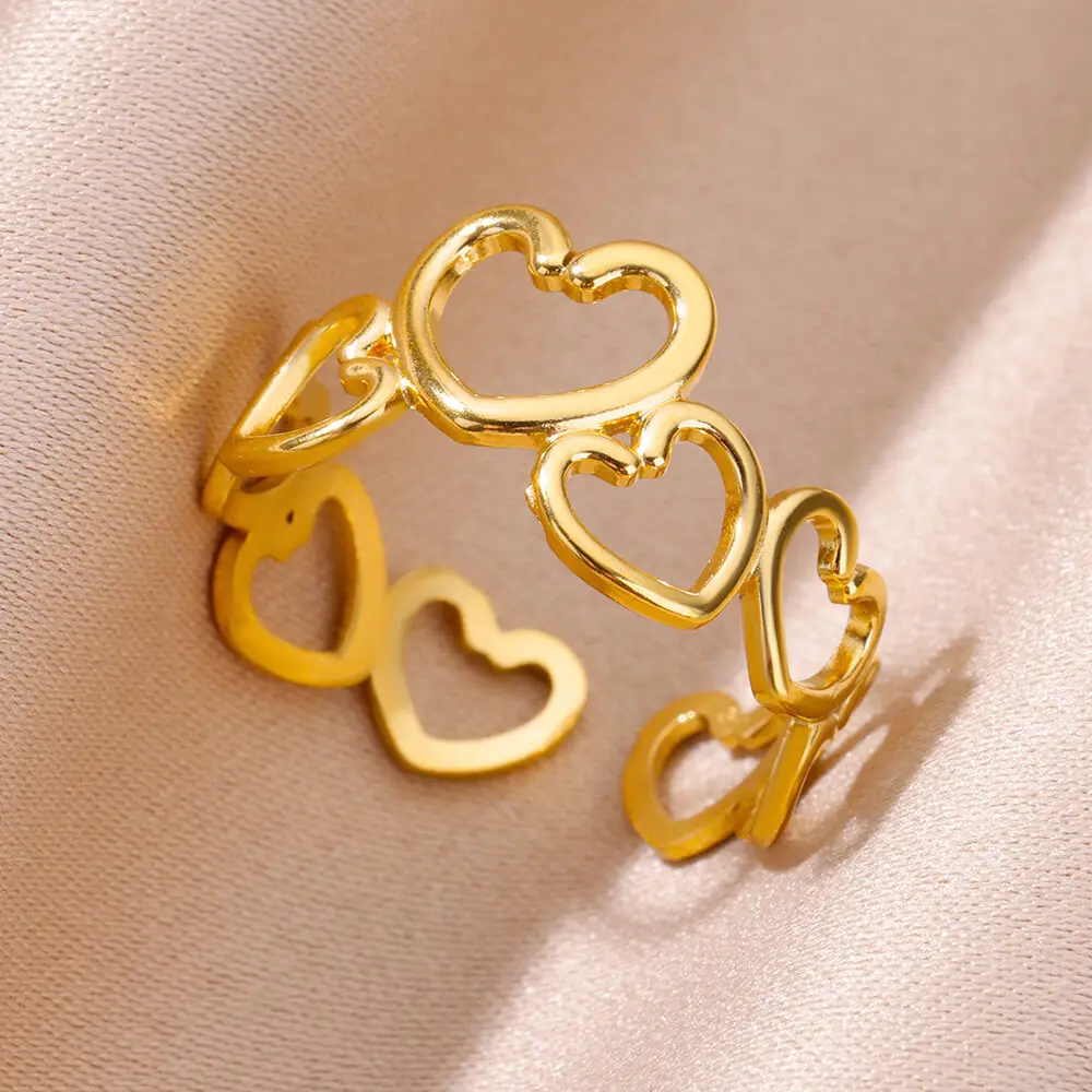 Hollow Heart Rings For Women Gold Color Stainless Steel