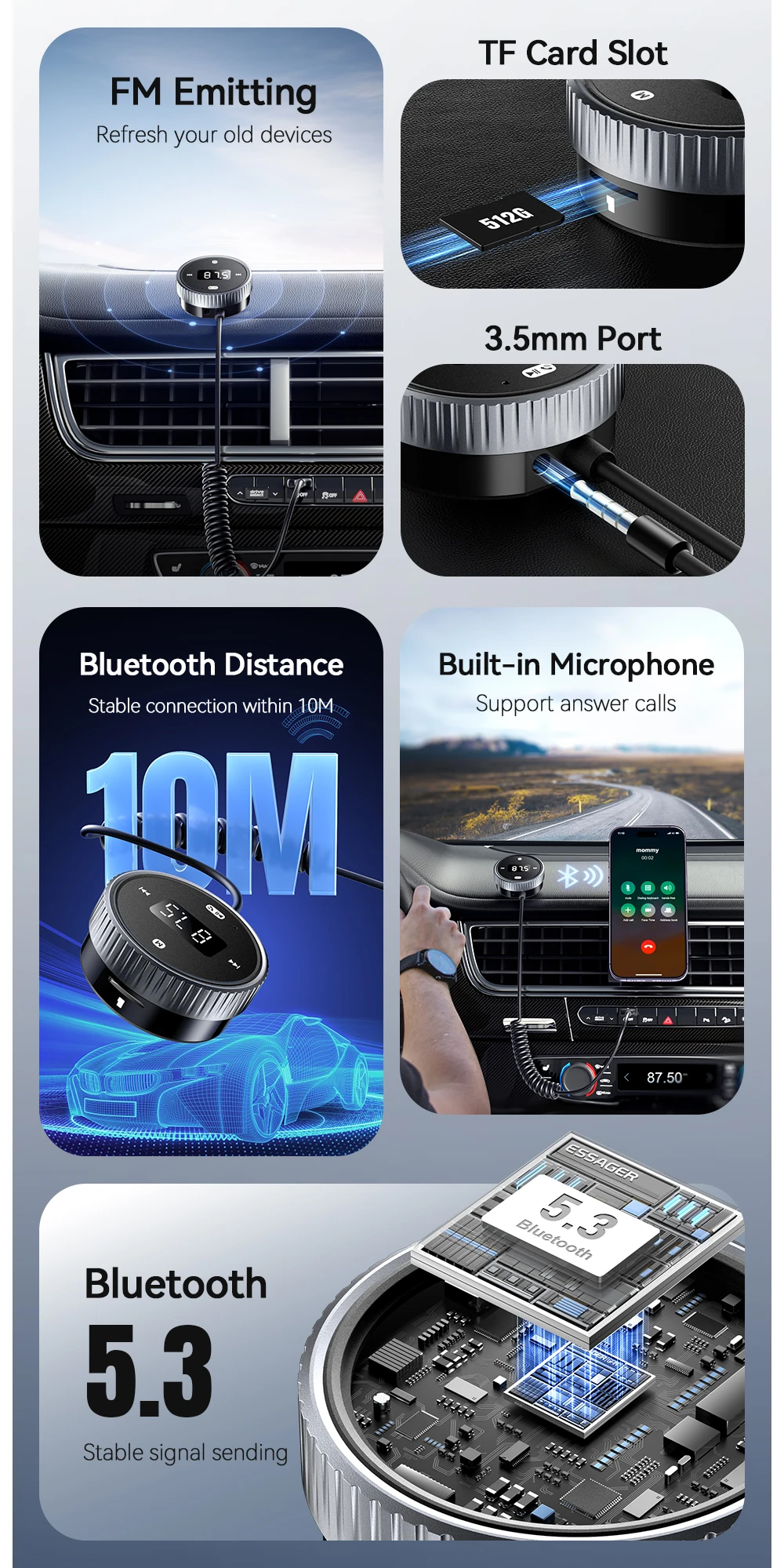Car Bluetooth 5.3 FM Transmitter Built-in Mic Handsfree LED Display 3.5mm AUX Ad