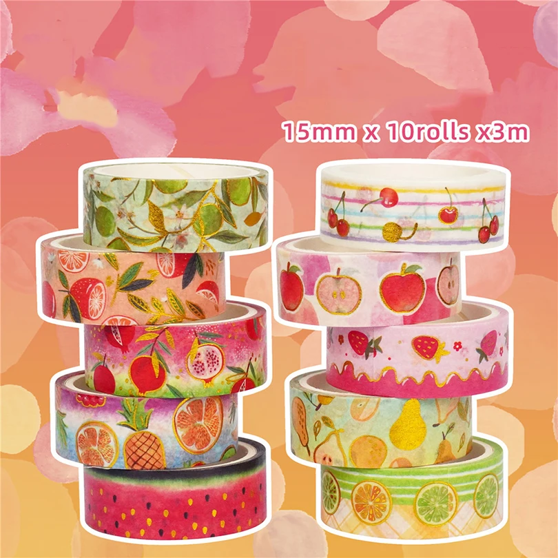 Adhesive Tape Washi Tape Decorative Tape Masking Tape 10Pcs Fruit Washi Tapes Strawberry Decorative Adhesive Tape Gold Foil Washitape Journal Diary Scrapbooking Supplies