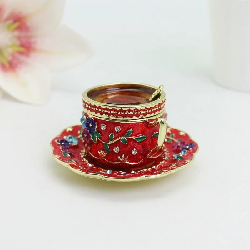 SHINNYGIFTS Kaffeetasse, Emaille-Schmuckkästchen, handbemalt, aufklappbare Schmuckschatulle, Metall-Sammelfigur für Heimdekoration – Detail 16