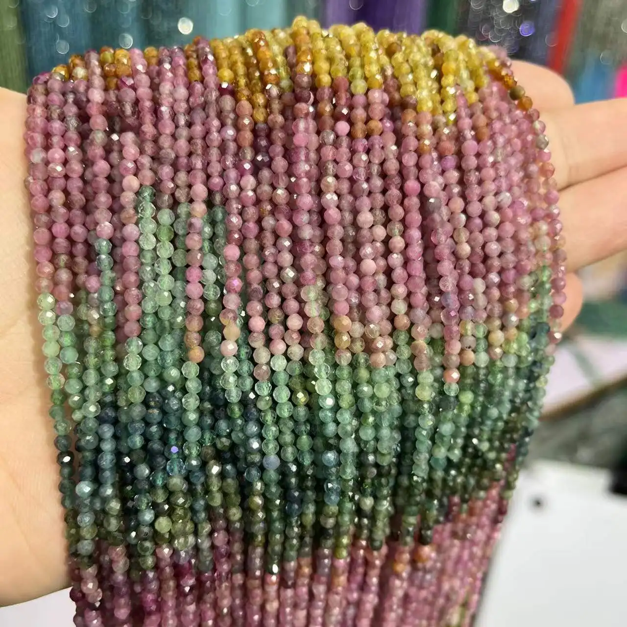 2/3/4MM Gradient Tourmaline Faceted Round Natural Stone Loose Spacer Beads For Jewelry Making DIY Bracelet Necklace 15” Wholesal