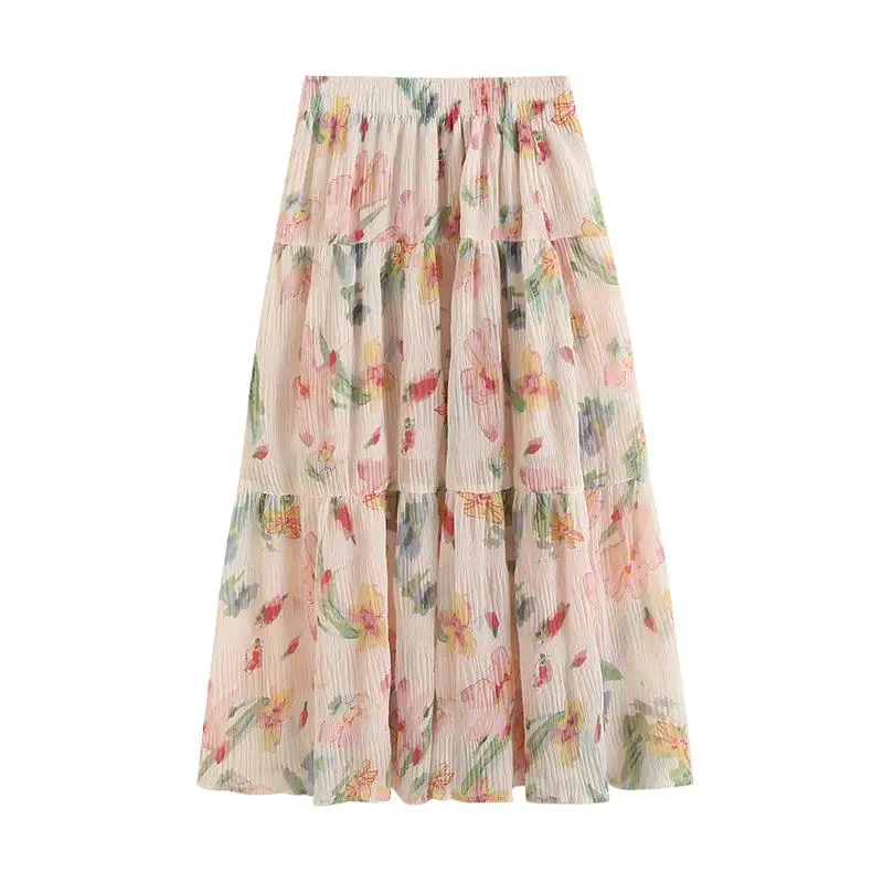 

Summer Chiffon Girlish Sweet Print Medium Length Skirts Elastic Waist Gentle Thin Three Layer Ruffle Edge Korean Style Vestidos