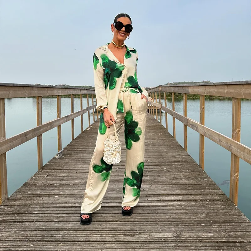 Women 2 Piece Pants Set Loose Lapel Single Breasted Shirts High Waist Wide Leg Trousers 2024 Pants Sets Casual Women Pants Suits