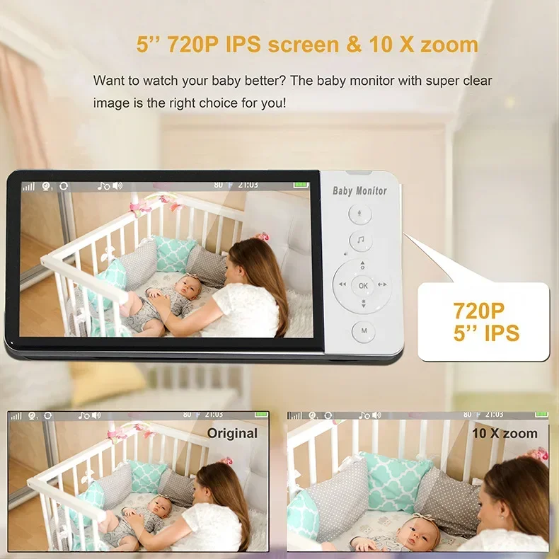 Wireless Baby Monitor Video Baby Monitor Baby Monitor 5.0 Inch Wireless Video No WiFi No APP Downloading IPS Screen with Nanny PTZ Camera 2-way Audio VOX Lullaby ABM700