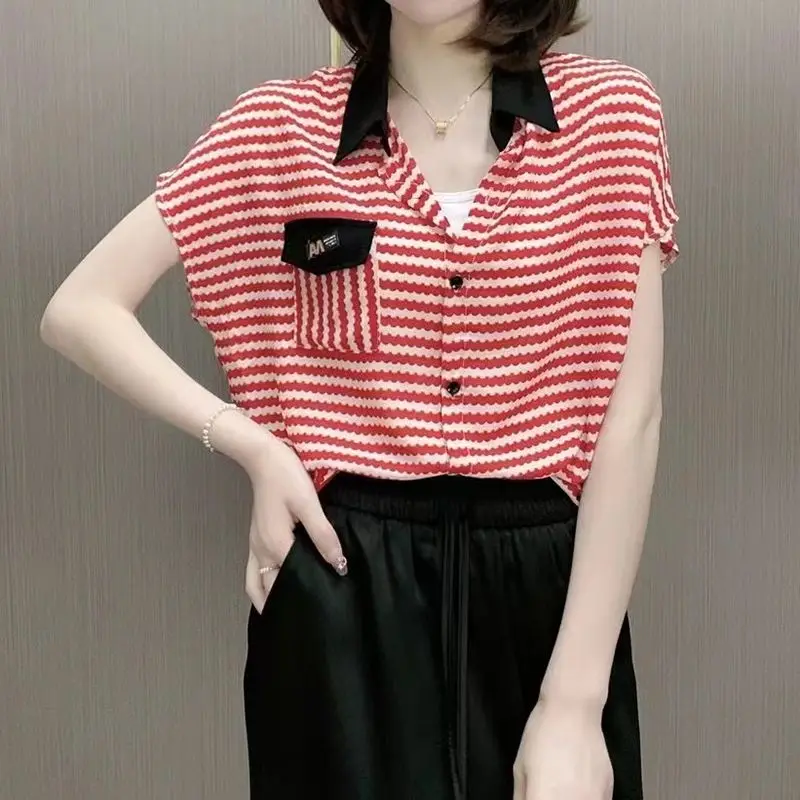 Stylish Korean Striped Loose Blouse Women's Clothing Short Sleeve Summer Polo-Neck Casual Pockets Spliced Single-breasted Shirt