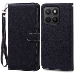 Leather Flip Wallet Phone Case with Soft Silicone Interior - Elegant Book Style Cover and Protective Shell for Honor X8C (Black - Strap)