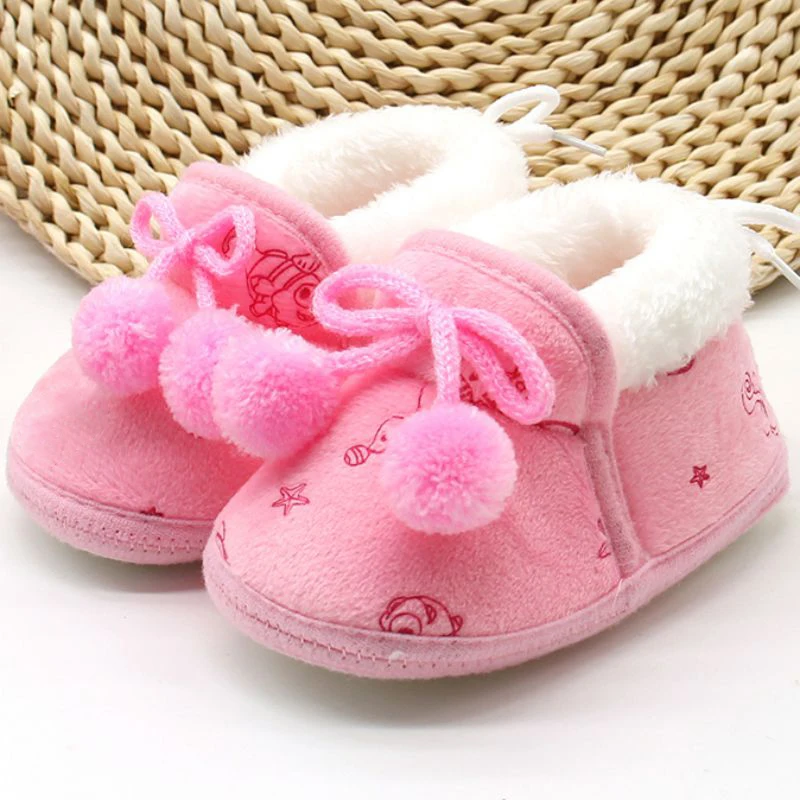 

Winter Baby Shoes for Girls 0-14M Sweet Candy Color Soft Sole Fleece Warm First Walkers Infant Adorable Cotton Bow Decor Shoes