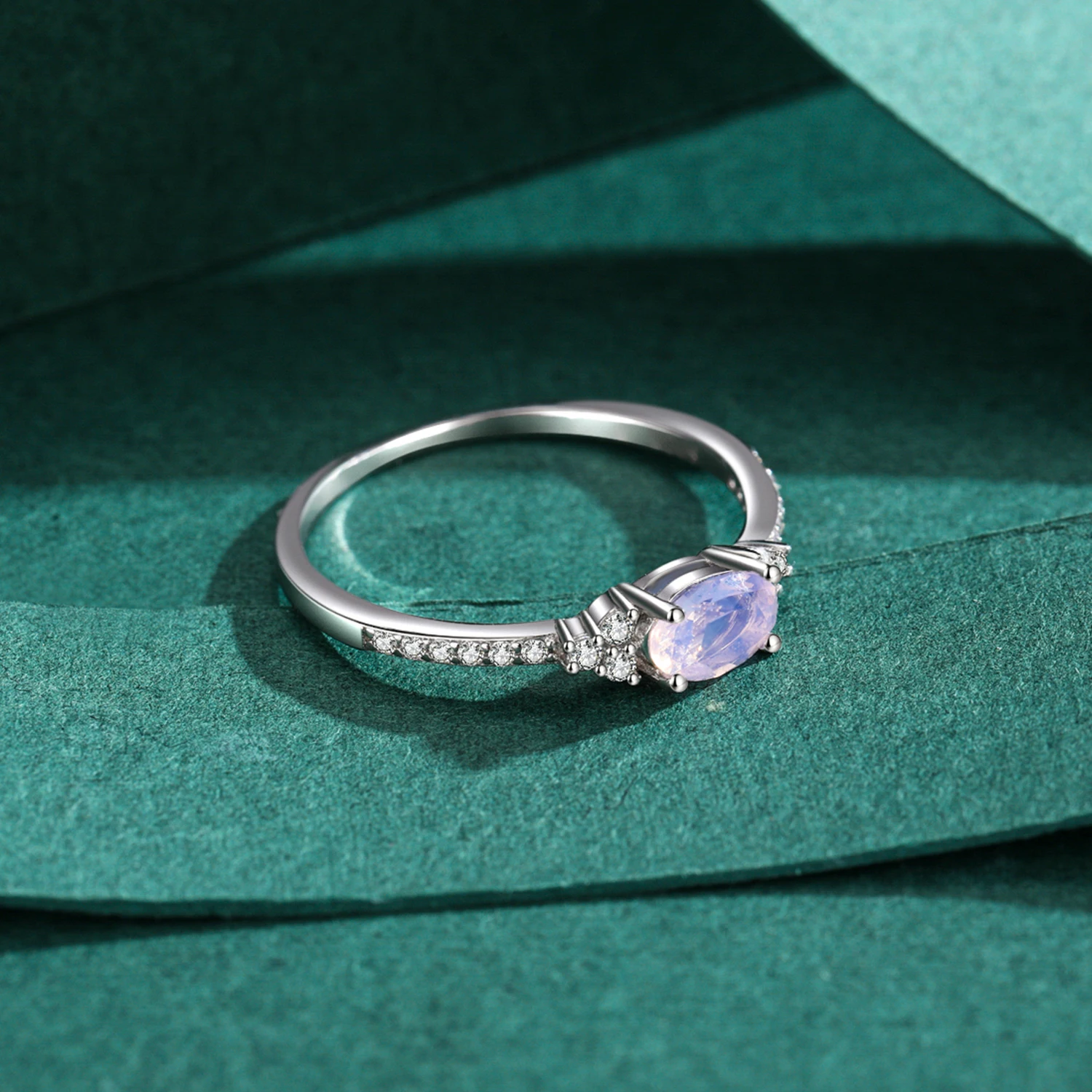 MODIAN  핑크 문스톤 여성을위한 우아한 쌓을 수있는 손가락 반지 영원 밴드 크리스마스 선물 파인 쥬얼리