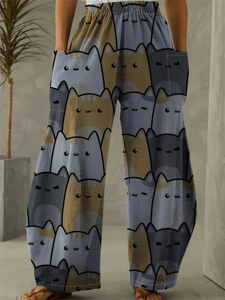 Women's Large Size Cartoon Cat Loose Wide-legged Pants Fall And Winter Casual Elastic Waist Pants Home Large Size Women Clothing