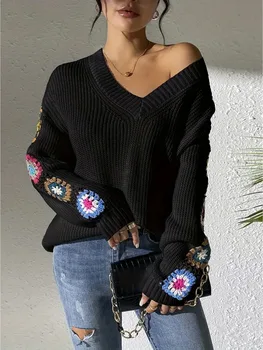 Elegant Solid Color Sweater With Embroidery Design, Unique Cuff Detail, Suitable For All Occasions 3