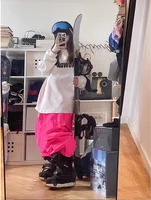 Unisex Oversize Fluorescent Pink Ski Pants Women Men Outdoor Windproof Waterproof Snow Sports Bibs Trousers Ski Snowboard Pants 3