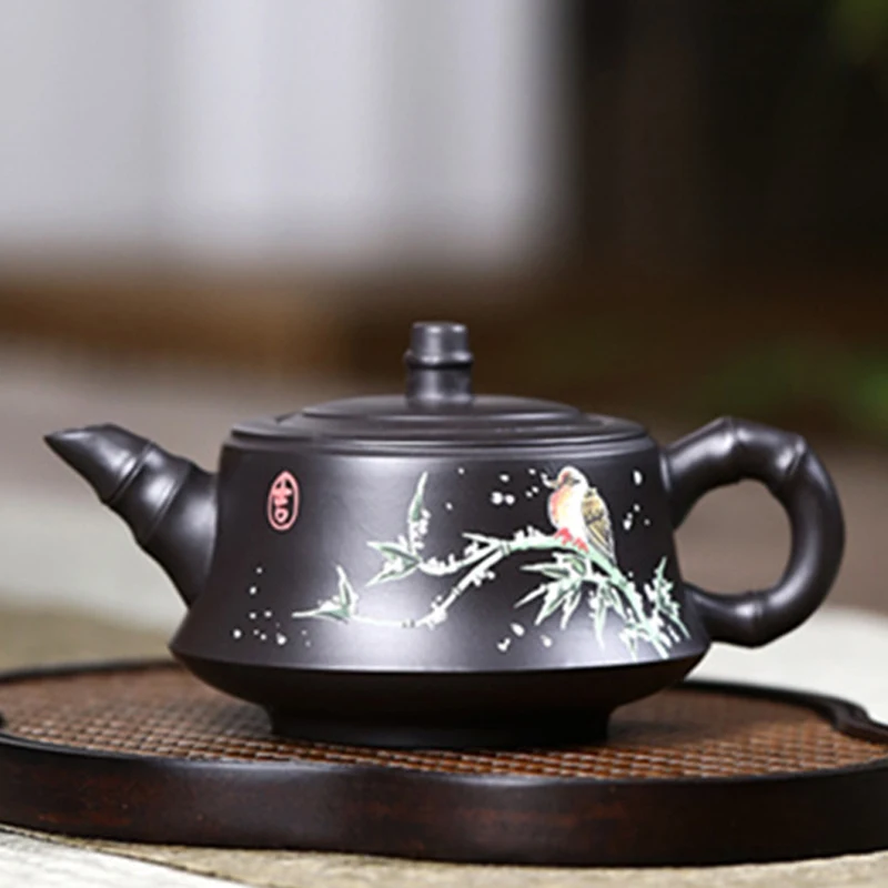 Chinese Style Bamboo pattern Teapot, Purple Clay Raw ore black mud, Kung Fu Household Supplies Pure Handmade 220cc Tea Pots, 1Pc