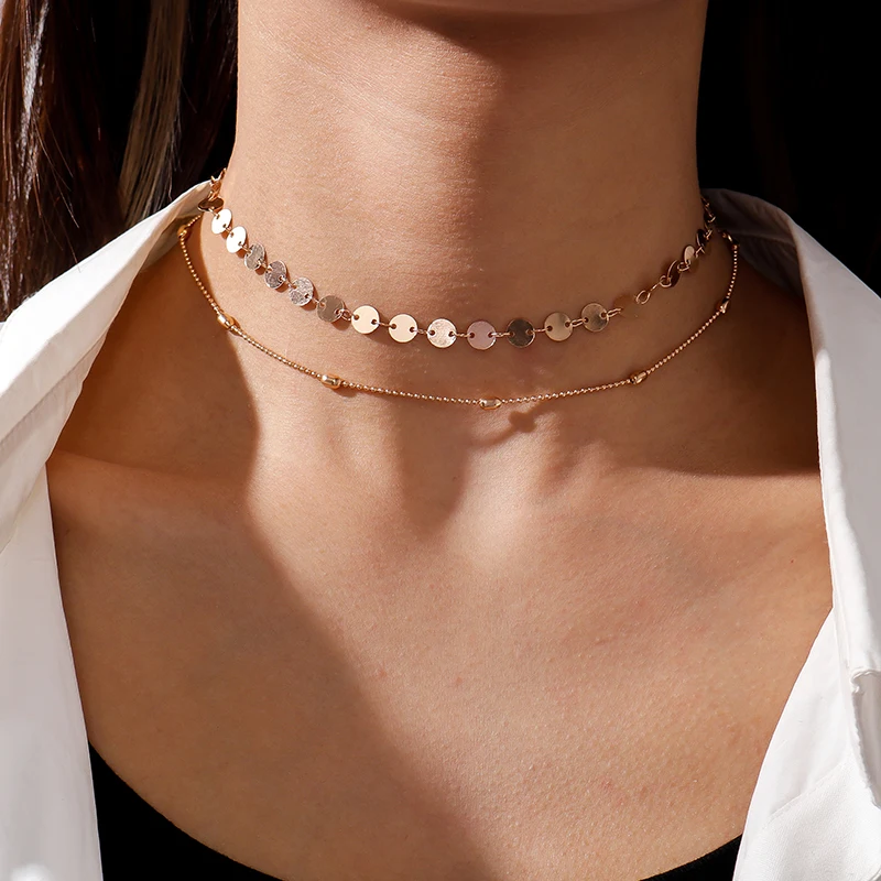 Collana Girocollo Multistrato Boho Donna - Choker Con Disco E Cerchio In Lega Argento - Lunghezza Regolabile 30/36,5 Cm - 2