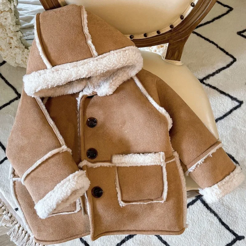 

Children Wool Coat 2023 Winter New Fashion Baby Girl's Coat Thick Warm Jacket Girl Vintage Fashionable Suede Coat