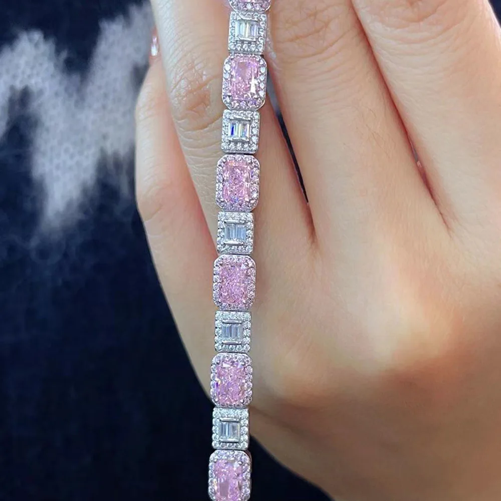 Trendy Square Pink Diamond Bangle Bracelet 100% Real 925 Sterling silver Wedding Bracelets For Women Bridal Engagement Jewelry