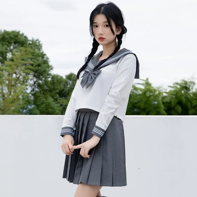 

Japanese School Seifuku Girls Grey Sailor Dress Shirts Student JK Uniforms Korean Pleated Skirt Set Kawaii Schoolgirl Costume