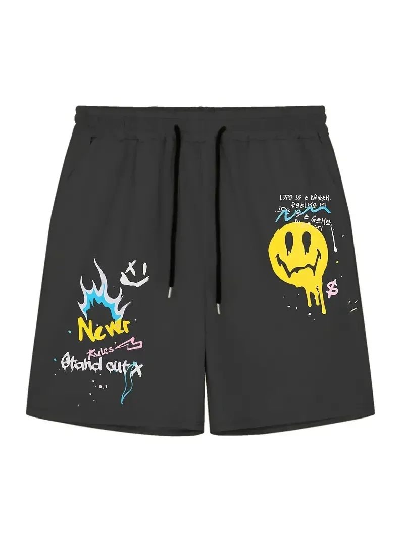 2024 Men's Casual "Never Stand Out" Smile Face Print Pockets Drawstrings Pleated Shorts 3