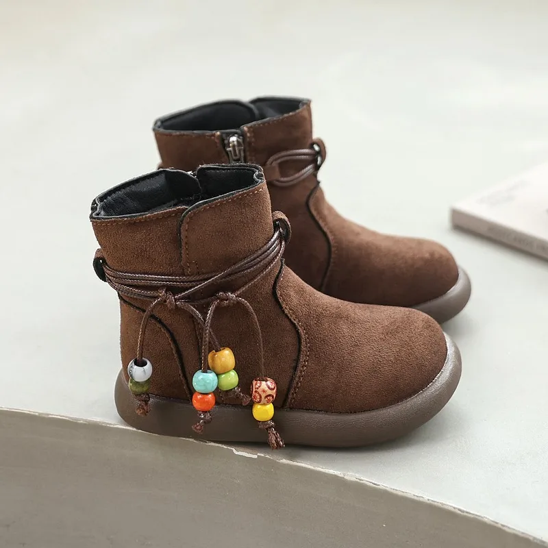 Girls Leather Ankle Boots Winter Kids Casual Beading Round Toe