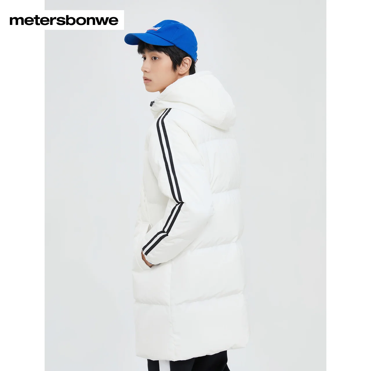 Metersbonwe Men 22New Sport  Long Hooded Down Jacket Element Stripes 80%Duck Down Warm Wear Straight Thick Winter Down Outwear
