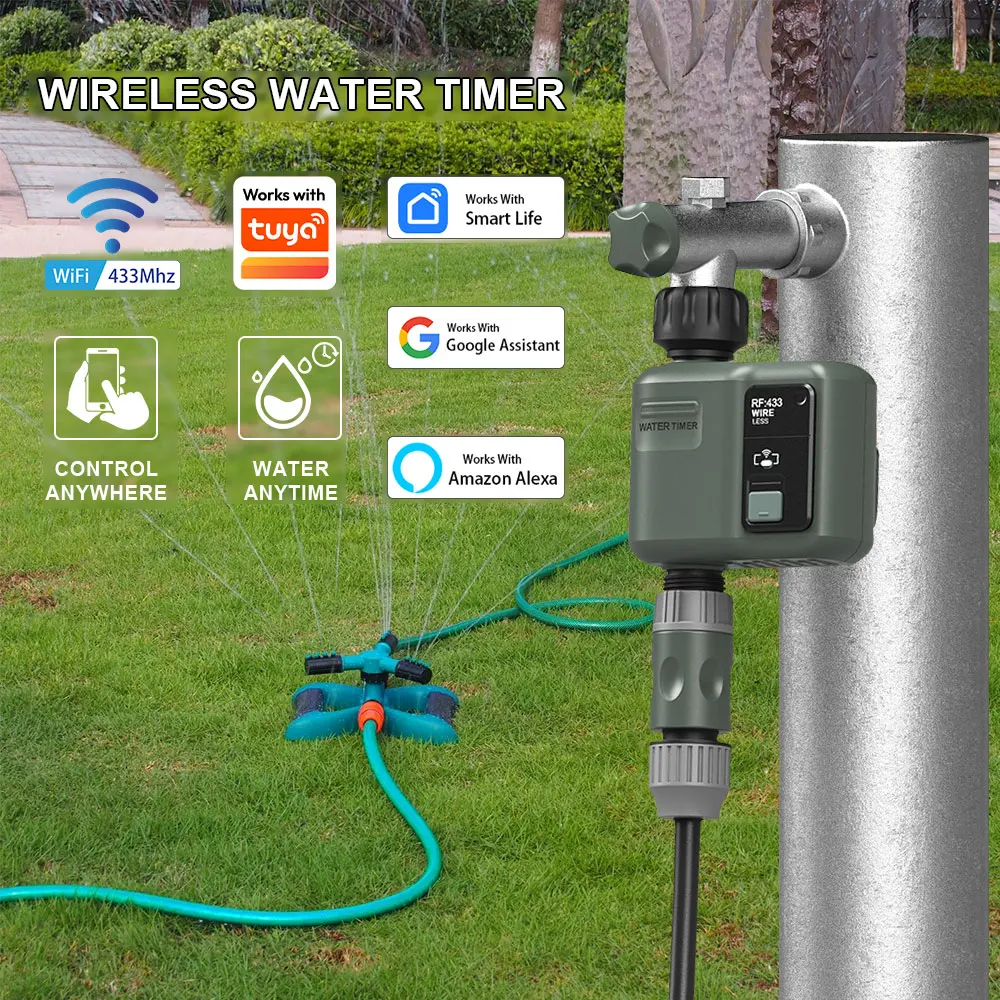 Tuya WiFi+RF433 Smart Garten-Bewässerungstimer-Ventil mit 500m RF-Reichweite, integrierter Wasserflussaufzeichnungs-Controller, kompatibel mit Tuya