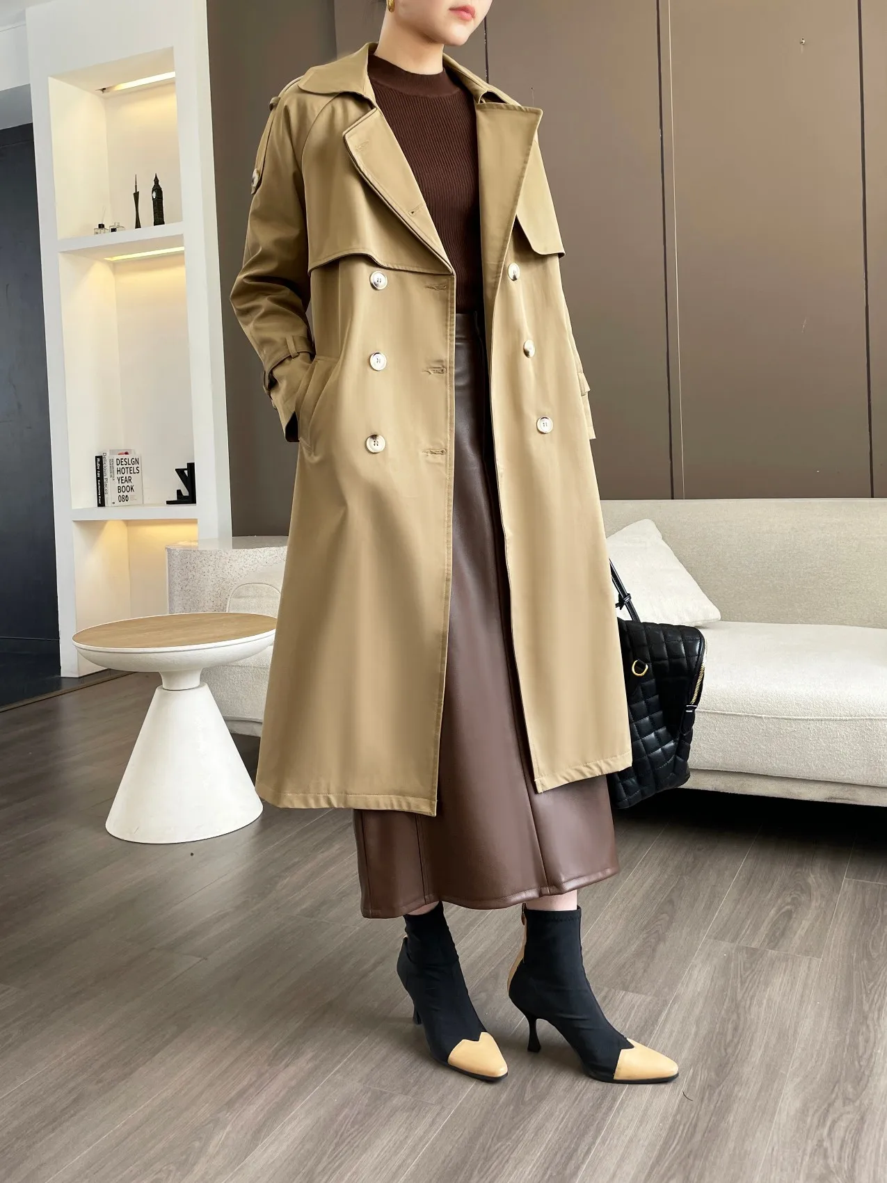 

2023 Summer and Autumn New Women's Clothing Classic Solid Color Simple Mid-Length Lace up Double Breasted Trench Coat 0814