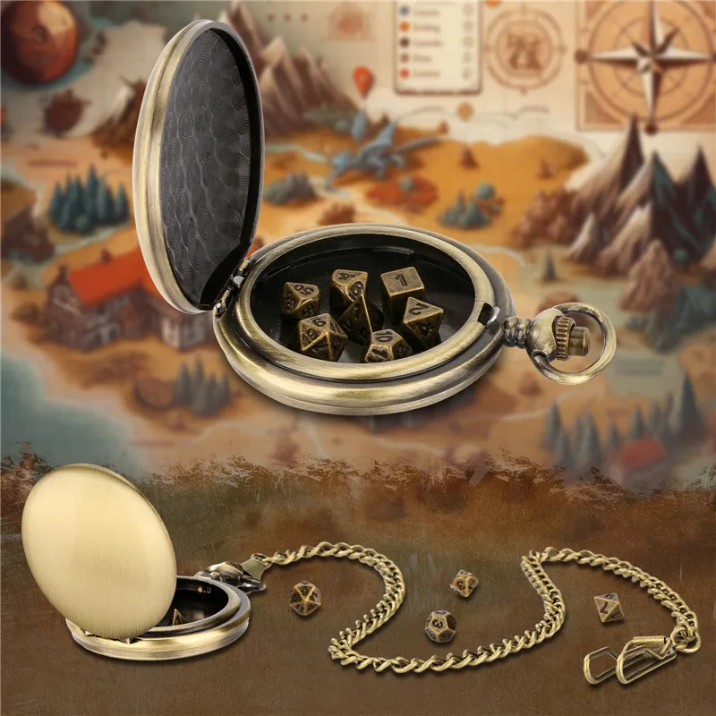 Cadena colgante de caja de reloj de bolsillo de bronce con dados poliédricos de Metal Vintage, dados de juego de rol de entretenimiento, 7 piezas por juego