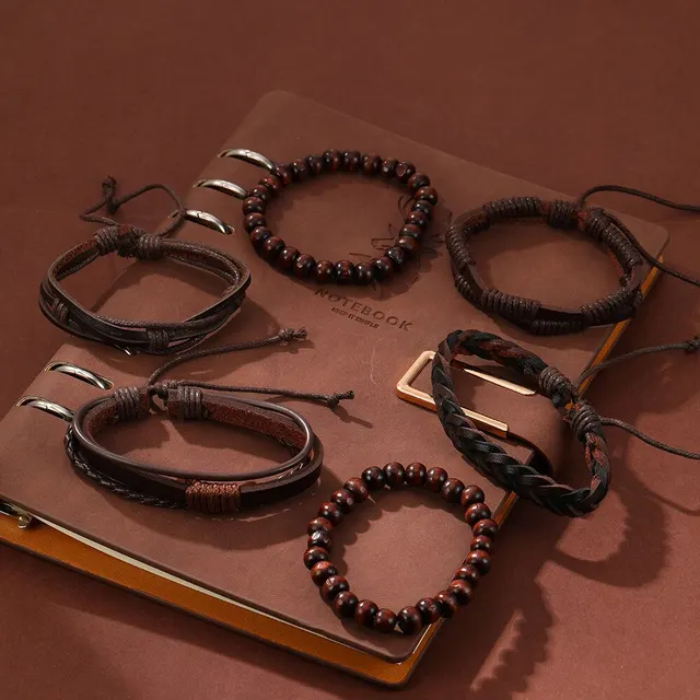Conjunto de 6 piezas para hombre, pulsera trenzada de piel de vaca, multicapa, Estilo Vintage