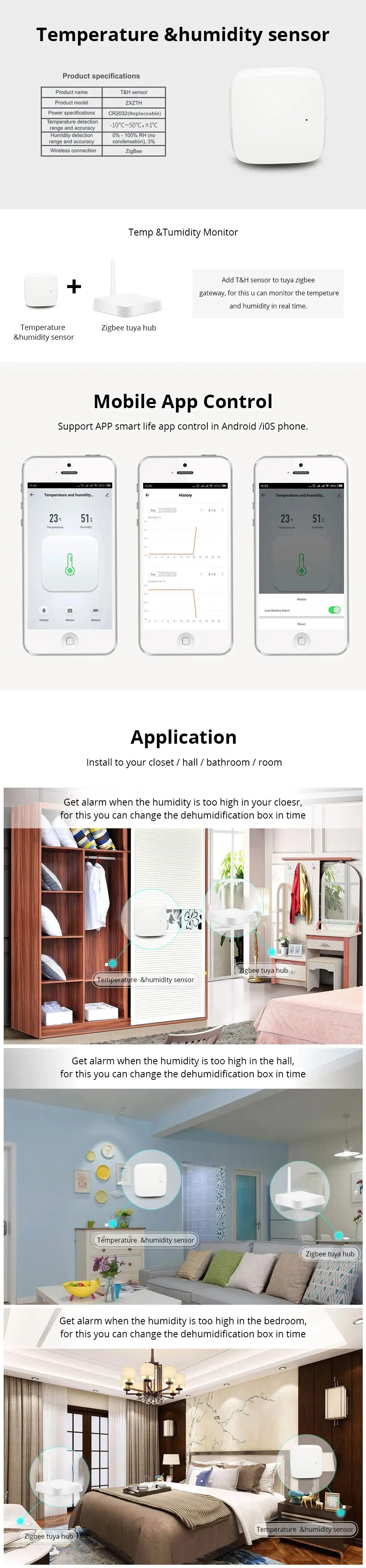Zigbee Smart Wireless Wired Gateway Hub Bridge PIR Sensor T and H Sensor Kit Hom