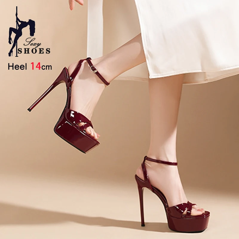 Wine red Hollow Out Design Party Sandals 14CM Fashion Model T Show Shoes Women Thin High Heels Summer Platform Square Toe Sandal
