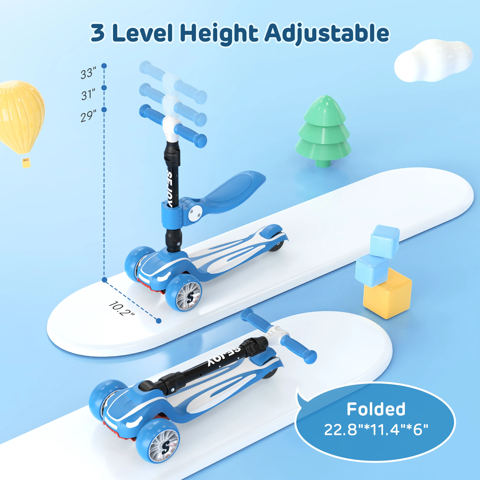 Kids 3 Wheel Scooter with LED Wheels – Adjustable Height Sit & Stand Toddler Scooter