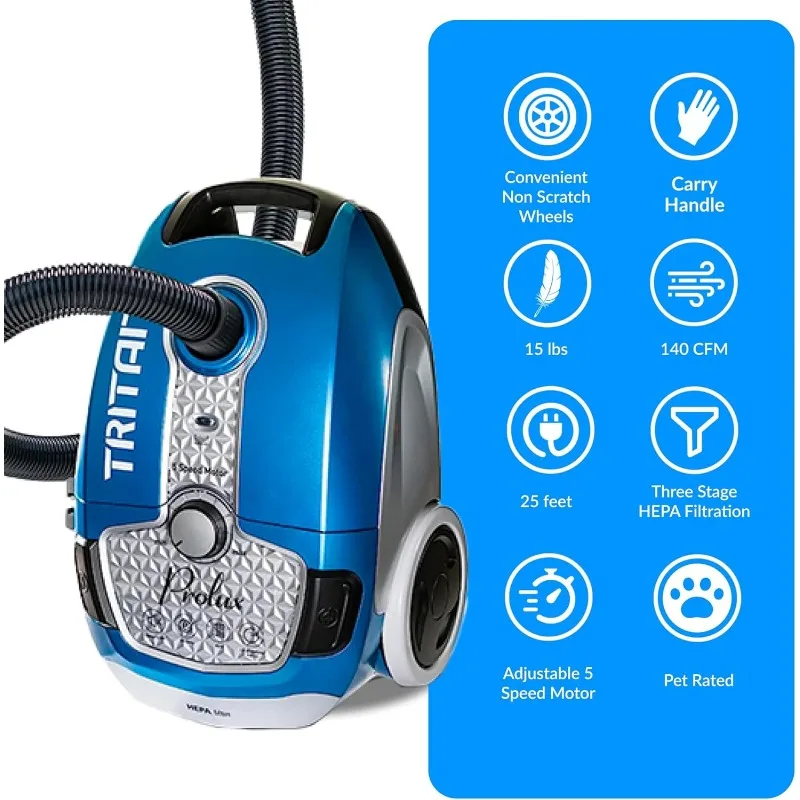 Prolux Tritan Bagged Canister Vacuum with HEPA Filtration and Complete Home Care Tool Kit 4