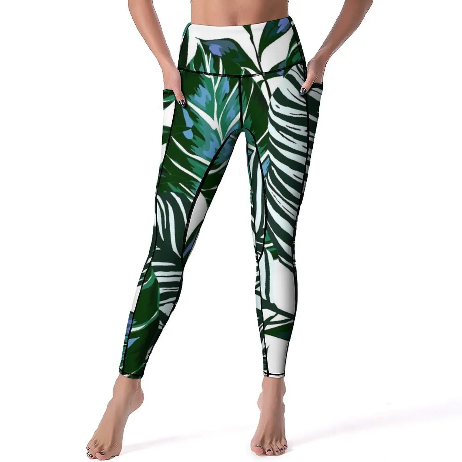 

Palm Leaves Green Yoga Pants Pockets Tropical Forest Print Leggings Sexy Push Up Yoga Sports Tights Quick-Dry Fitness Leggins